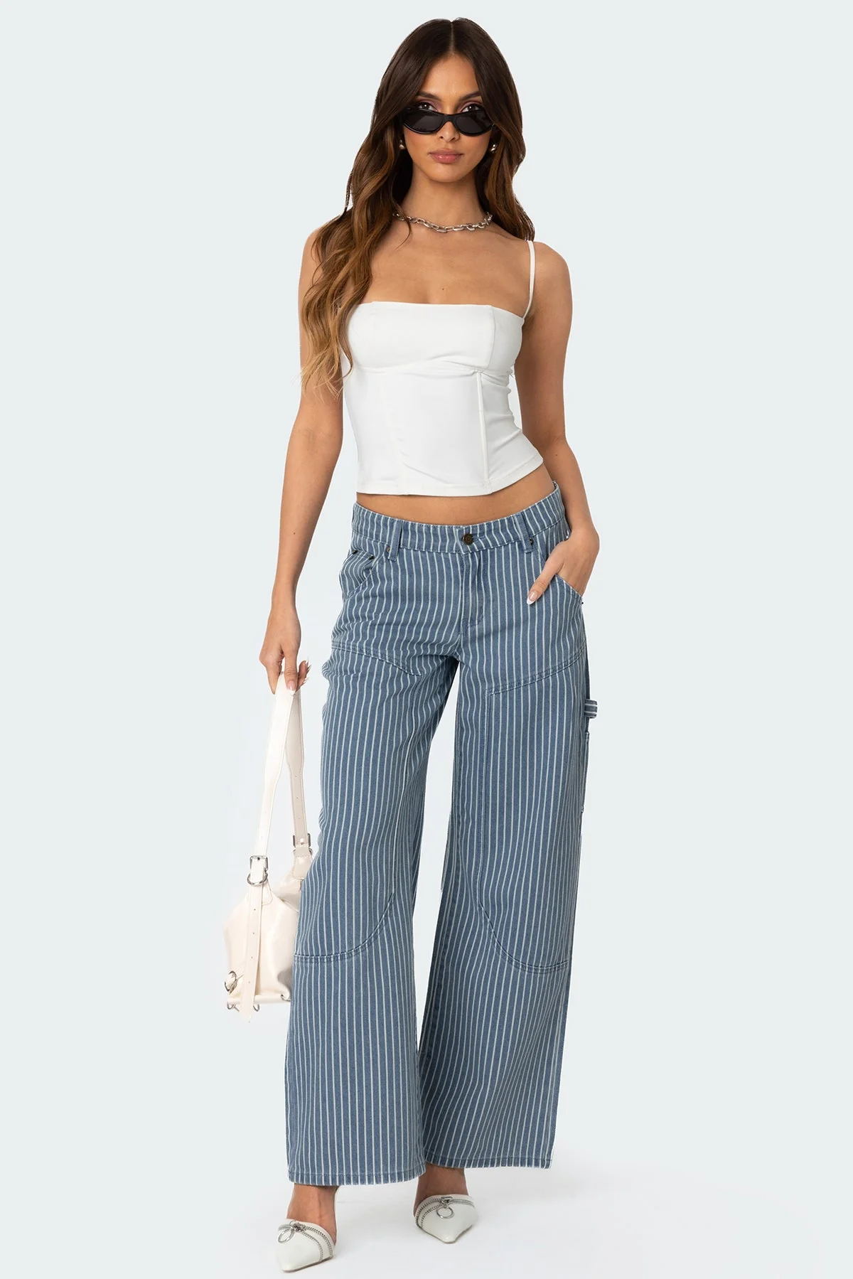 Blue and White Striped Cotton Carpenter Jeans