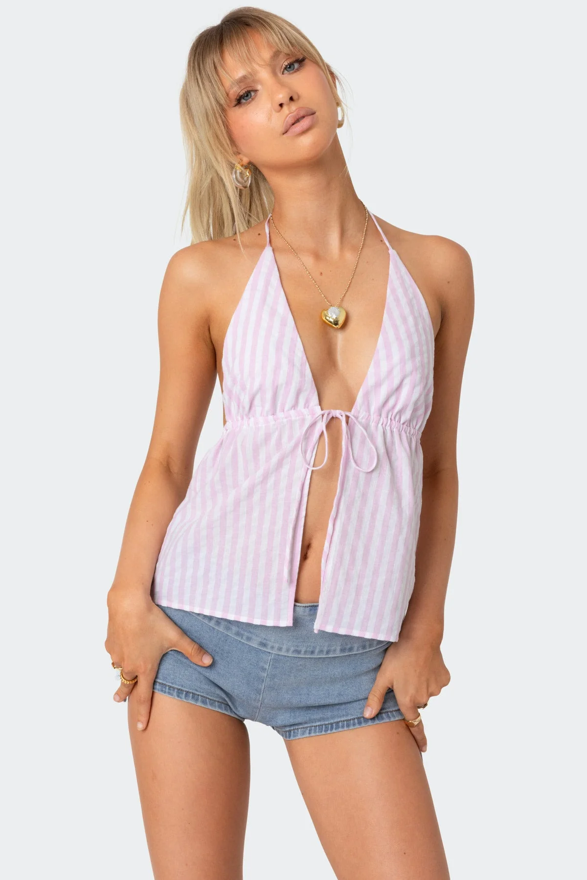 Womens Pink Striped Cotton Tie Front Halter Top