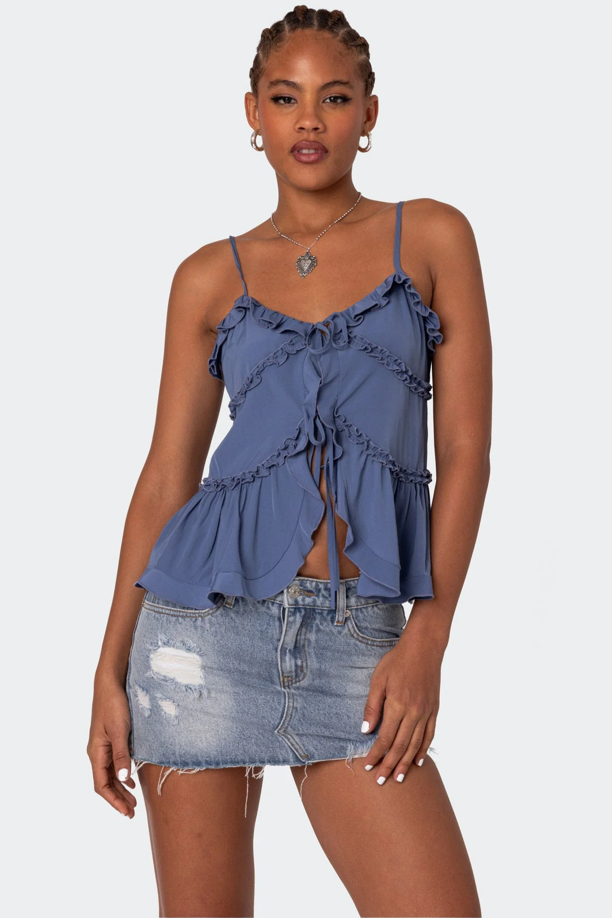 Blue Juniper Tie Front Ruffled Top