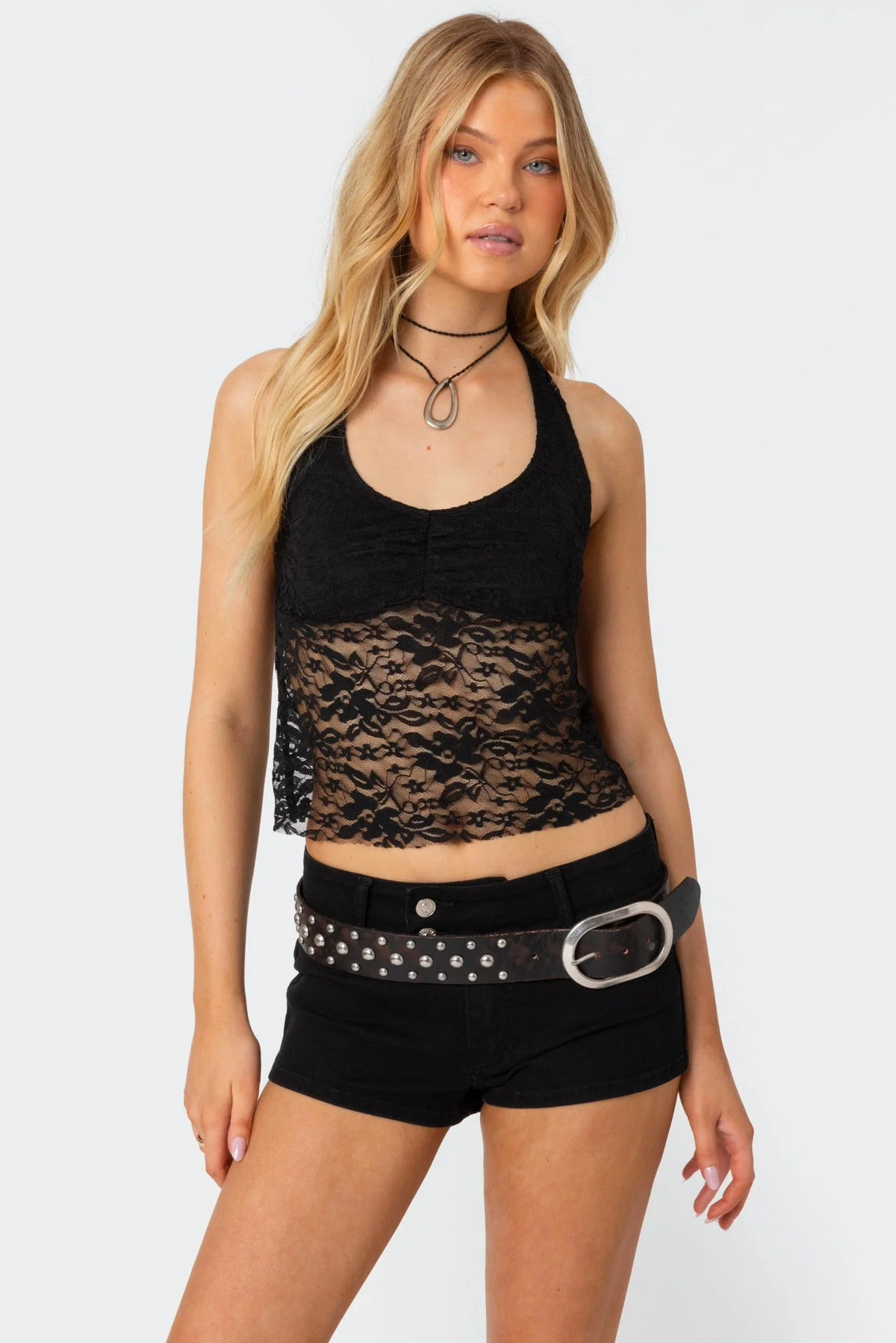 Black Sheer Lace Halter Neck Top