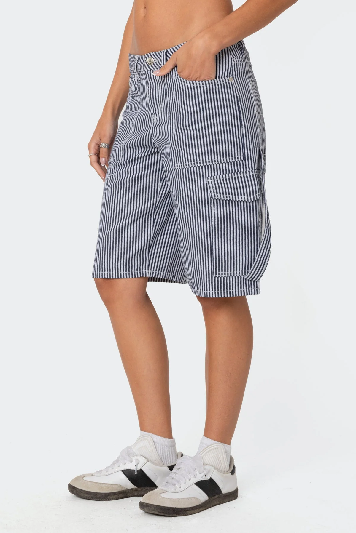 Navy Striped Cotton Cargo Shorts