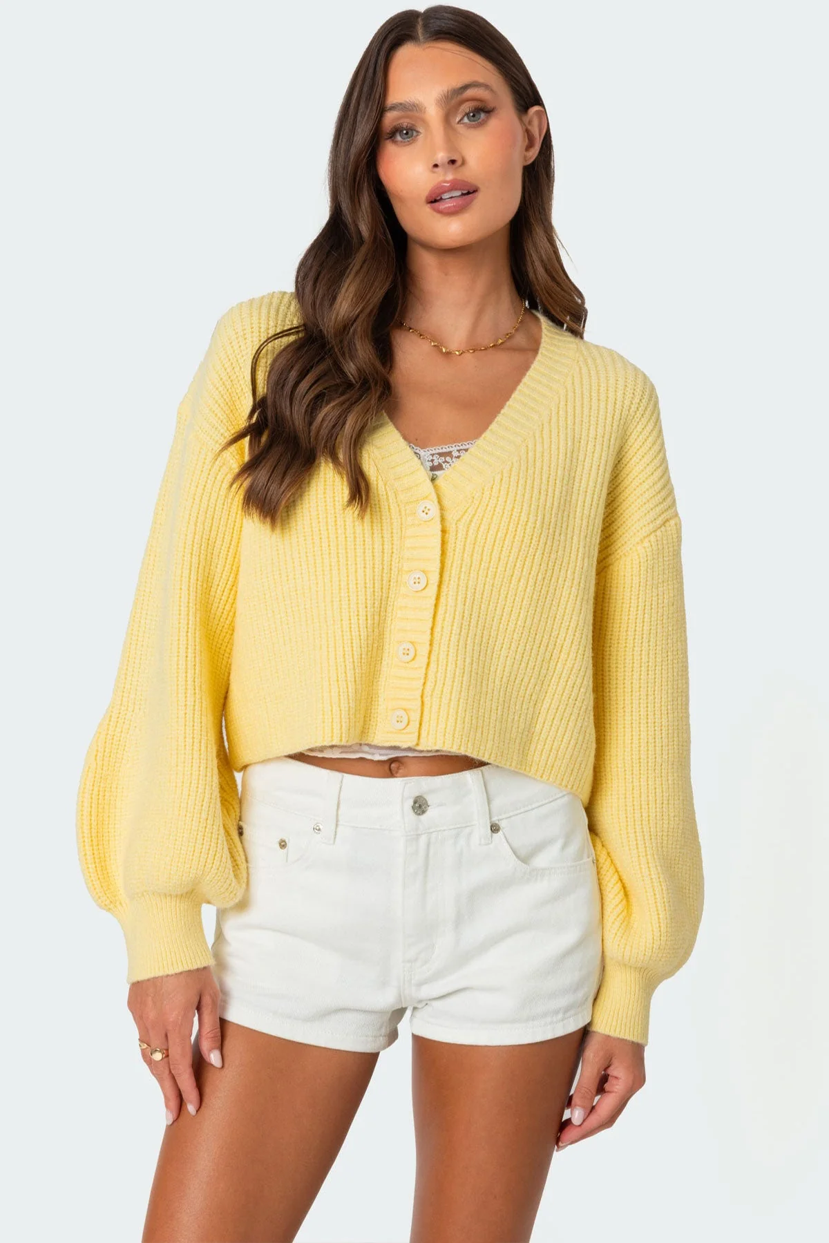 Yellow Chunky Knit Cropped Cardigan - Womens Fashion Sweater