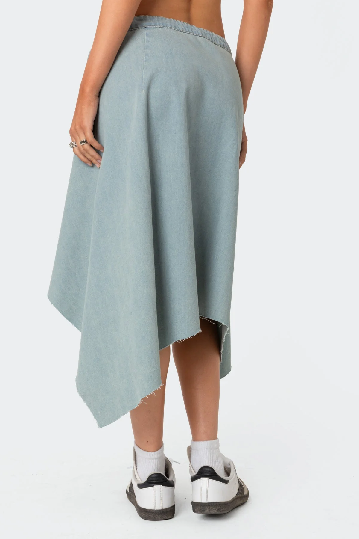 Blue Denim Midi Skirt with Asymmetric Wrap Design