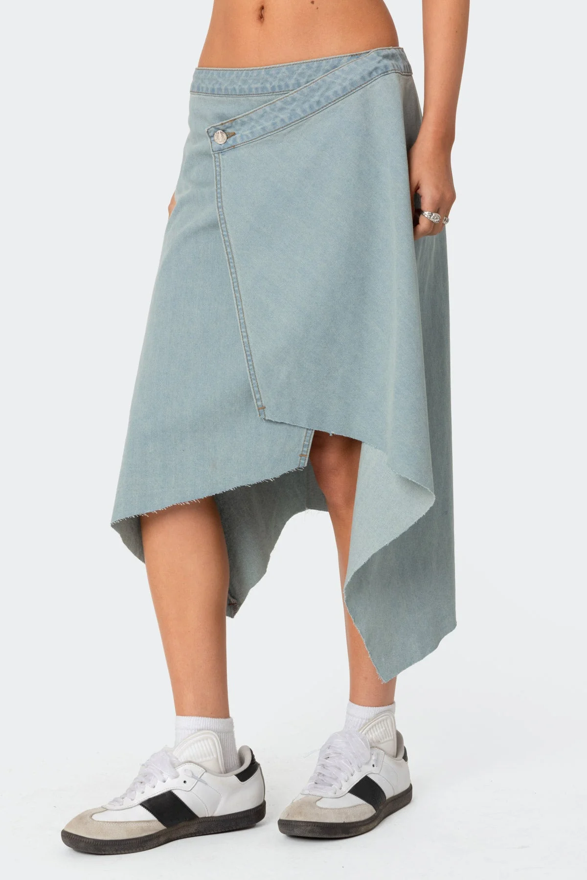Blue Denim Midi Skirt with Asymmetric Wrap Design