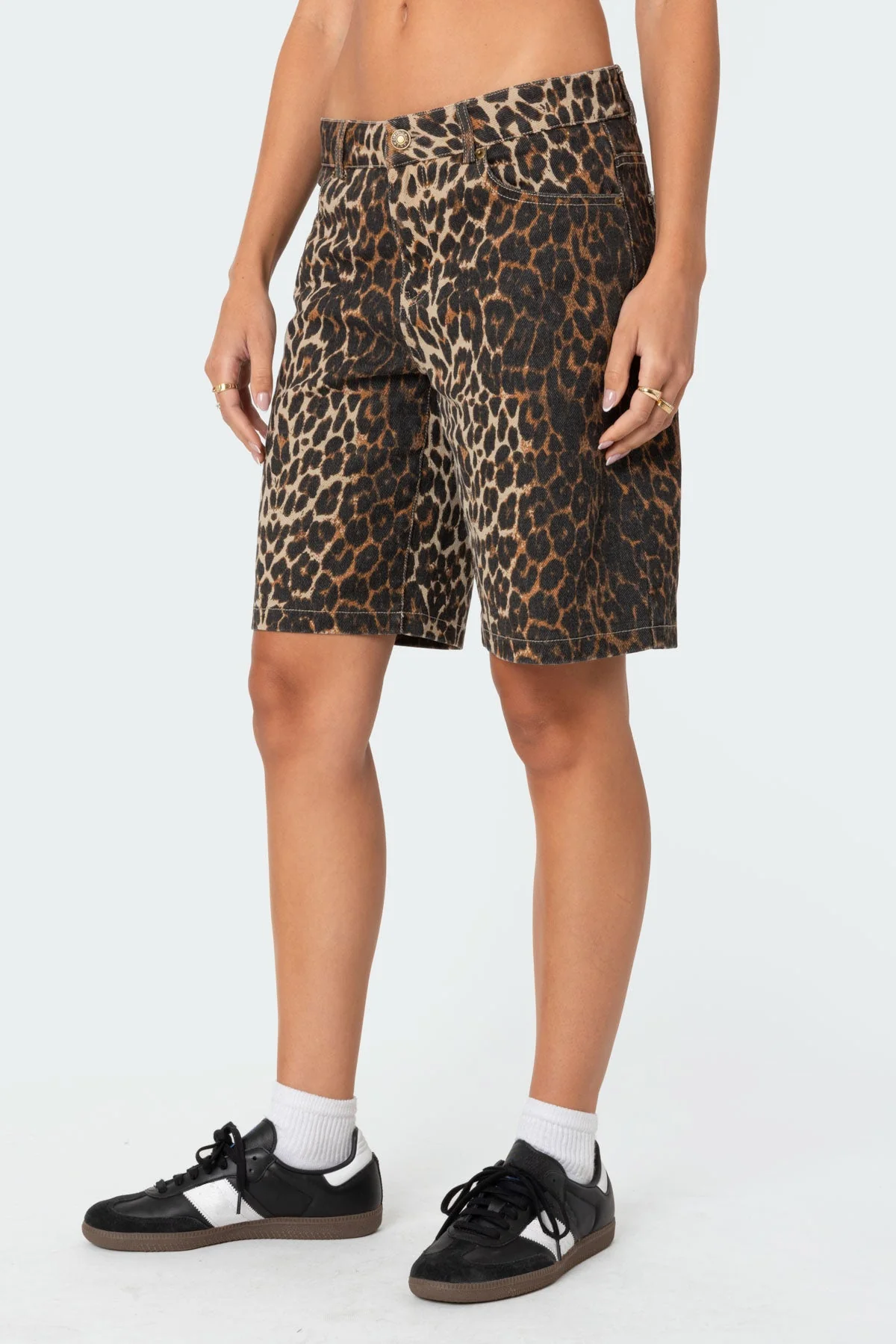 Brown Leopard Print Low Rise Denim Bermuda Shorts
