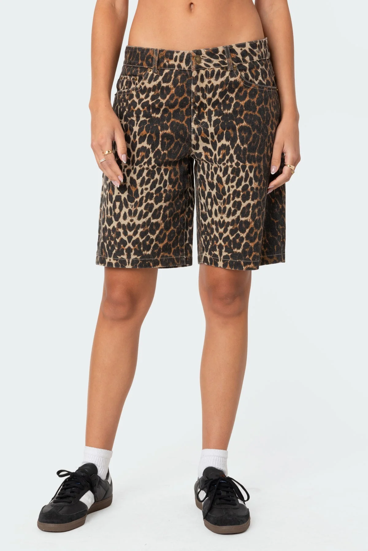 Brown Leopard Print Low Rise Denim Bermuda Shorts