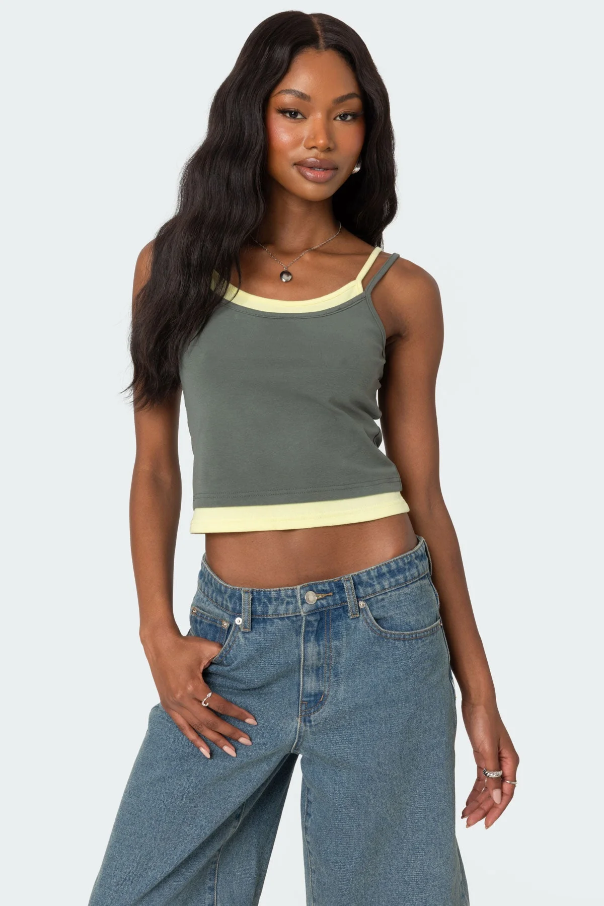 Layered Olive Tank Top - Adjustable Straps