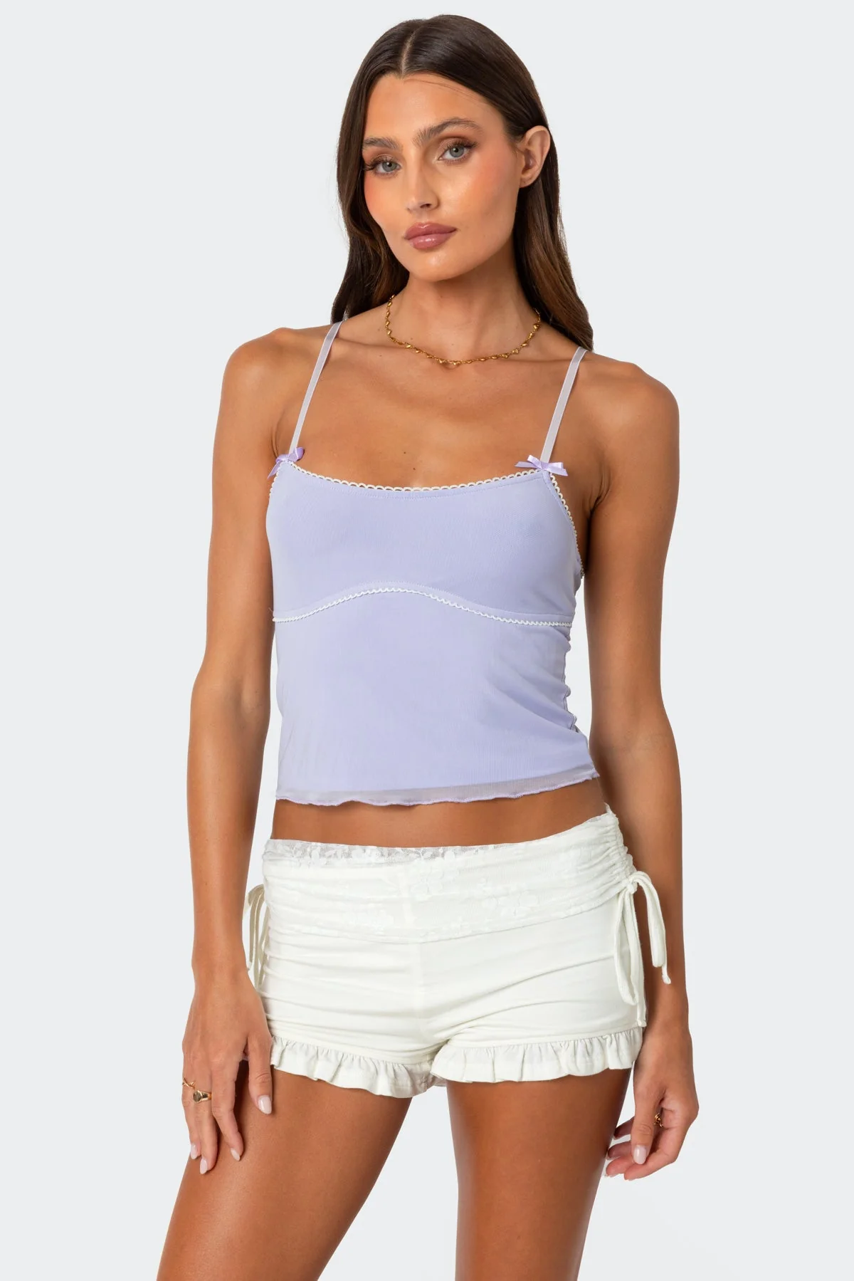 Lilac Frill Mesh Tank Top Womens Adjustable Strap Sleeveless Shirt