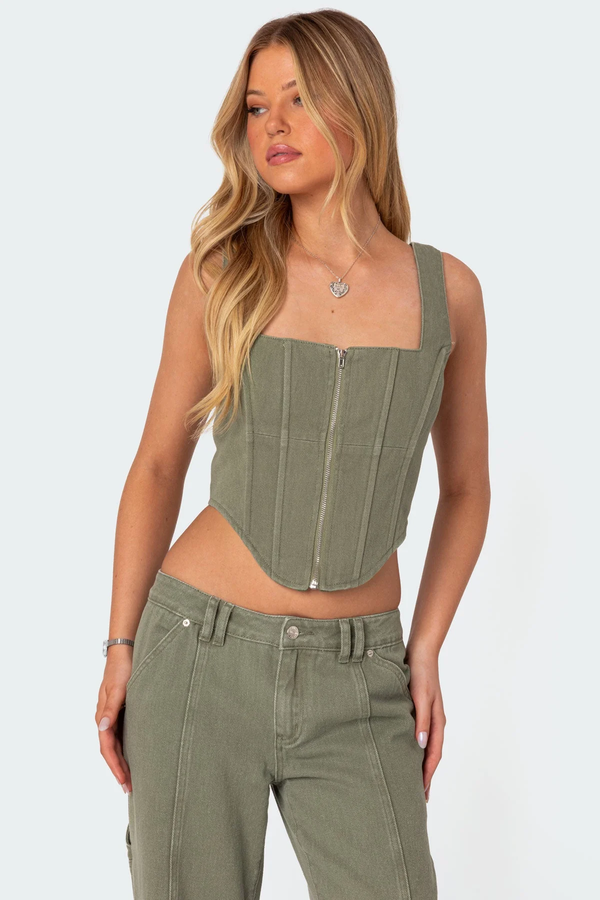 Womens Denim Zip Front Corset in Olive Washed Cotton - Lottie Style
