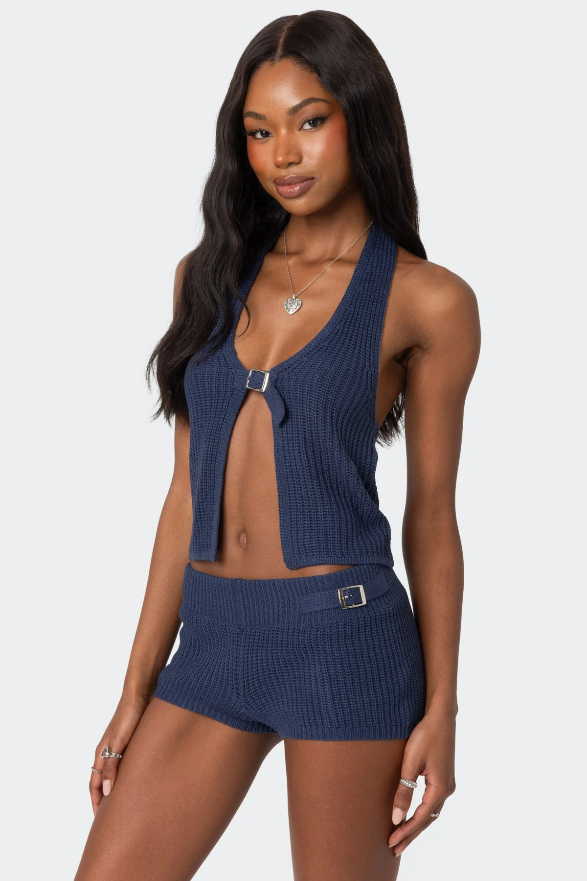 Navy Knit Halter Top Set
