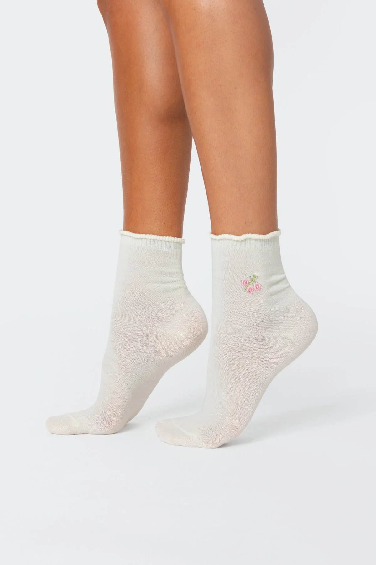 Floral Frill Hem Cotton Spandex Socks Cream