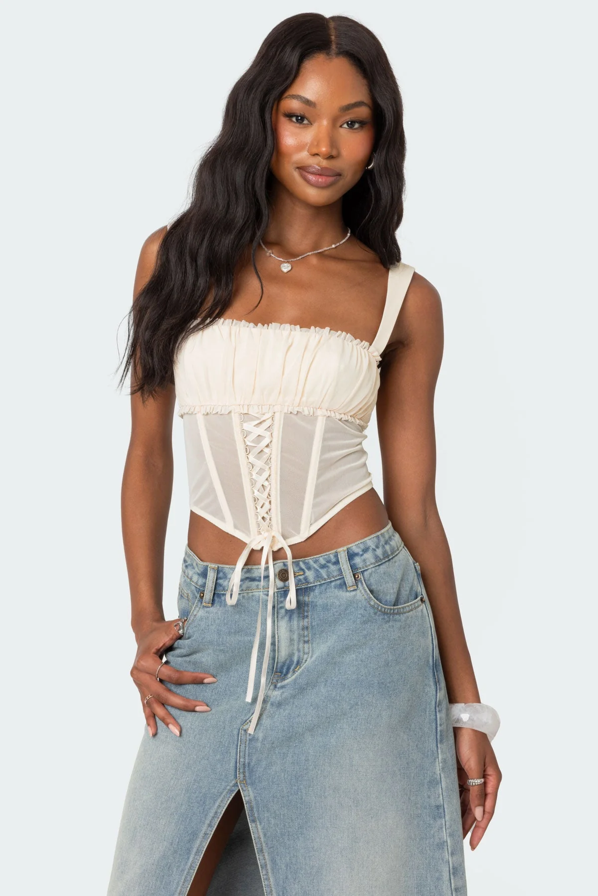 Sheer Mesh Gathered Corset in Elegant Beige Color - Womens Stylish Bodice