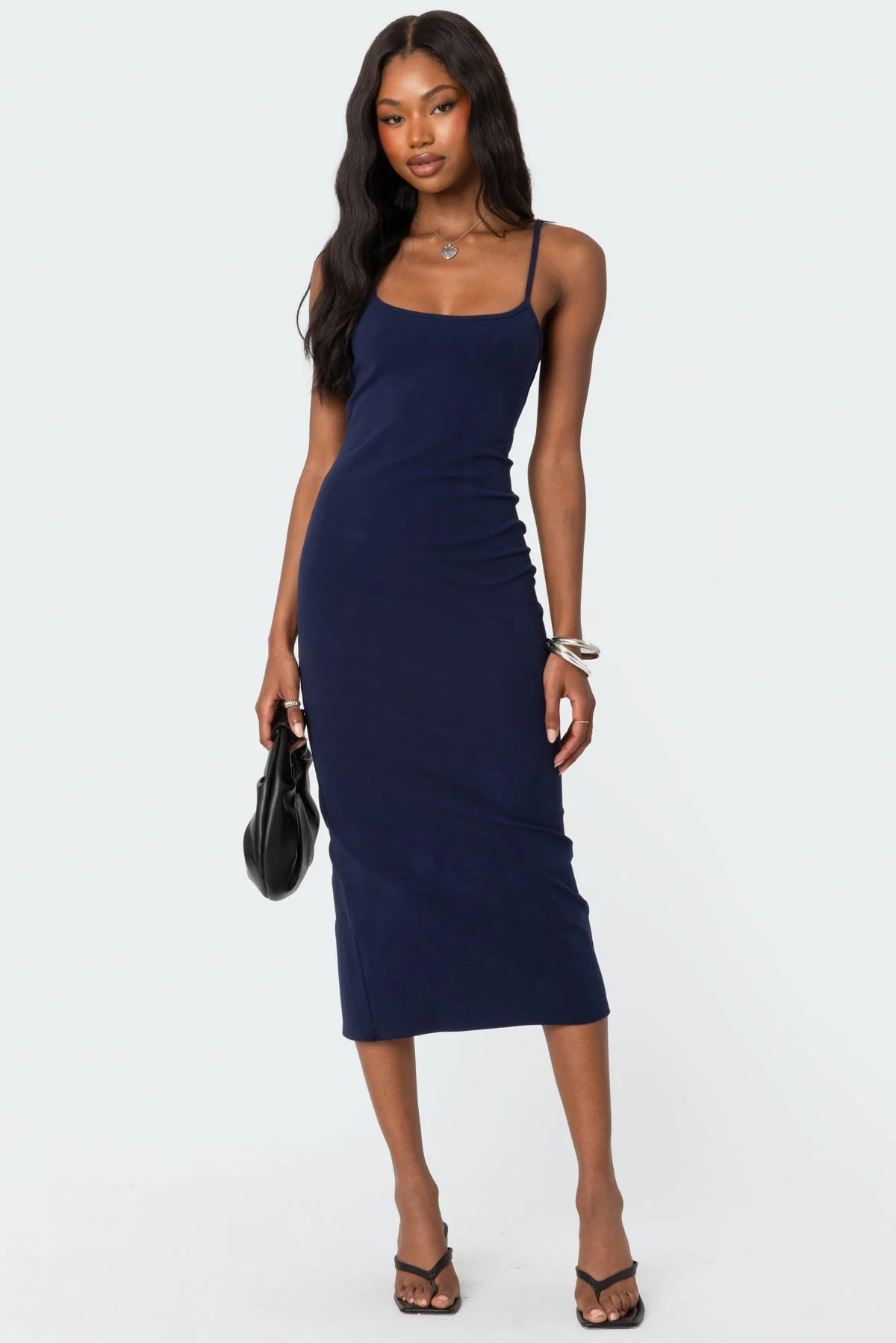 Navy Adjustable Strap Midi Dress