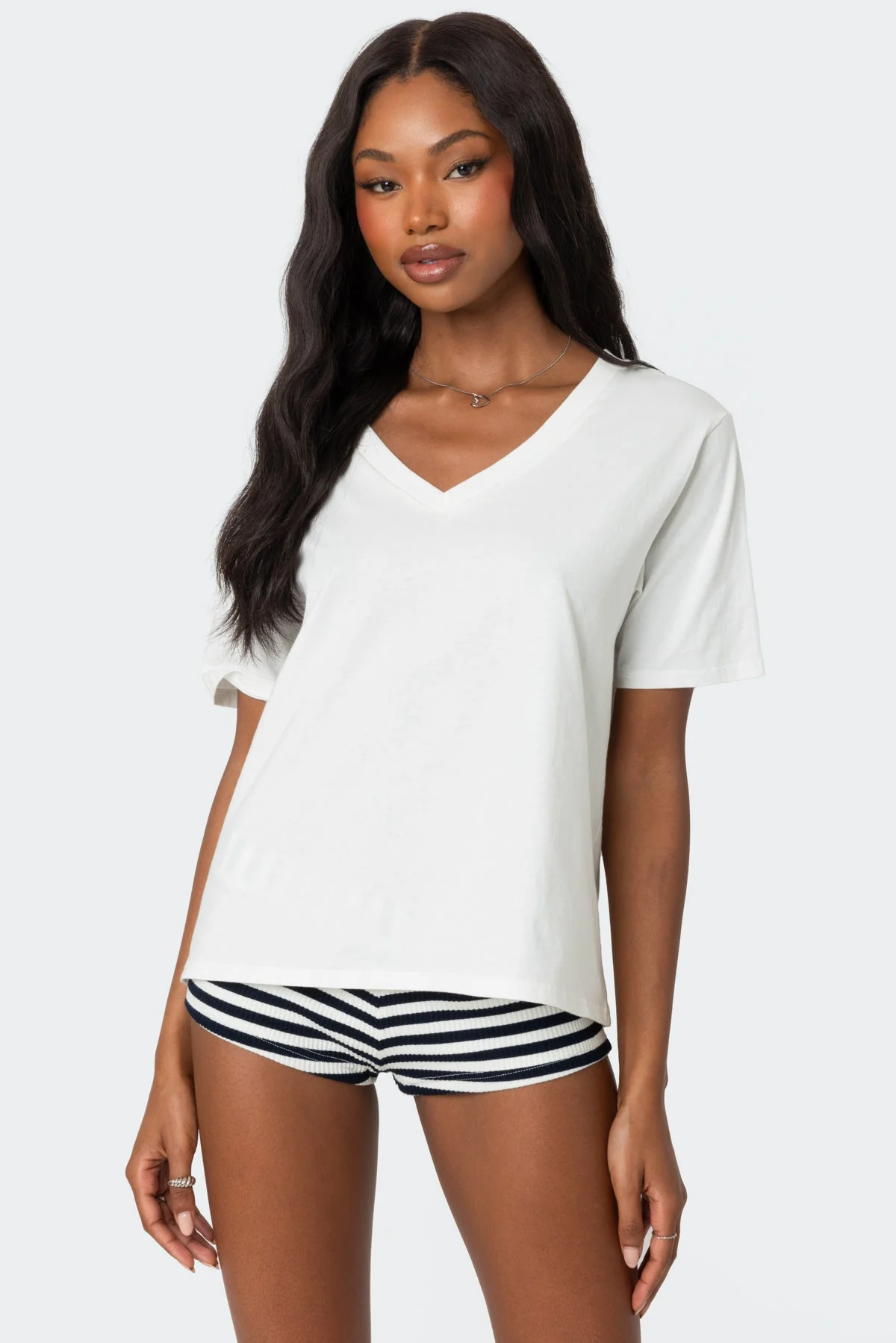 White V-Neck Loose Fit T-Shirt