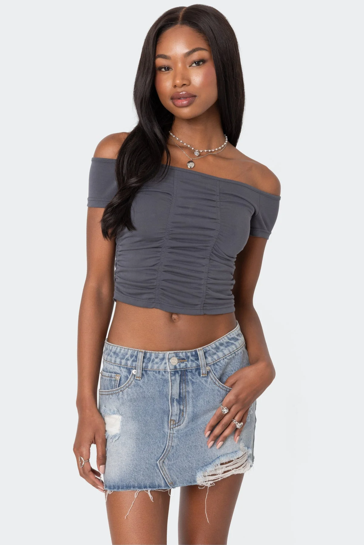 Gray Off Shoulder Ruched Top - Stylish Triple Design