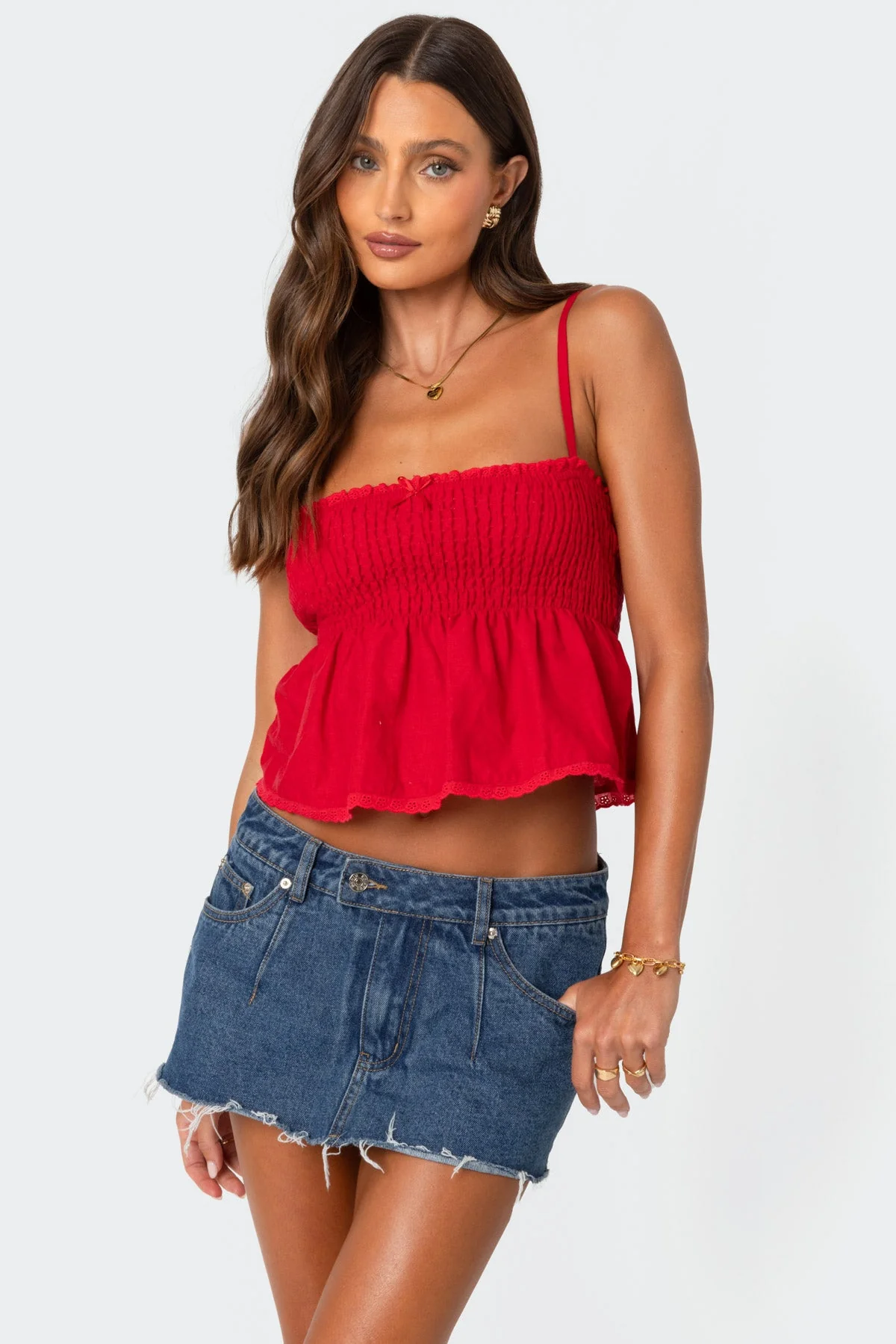 Red Cotton Scrunch Tank Top with Adjustable Straps