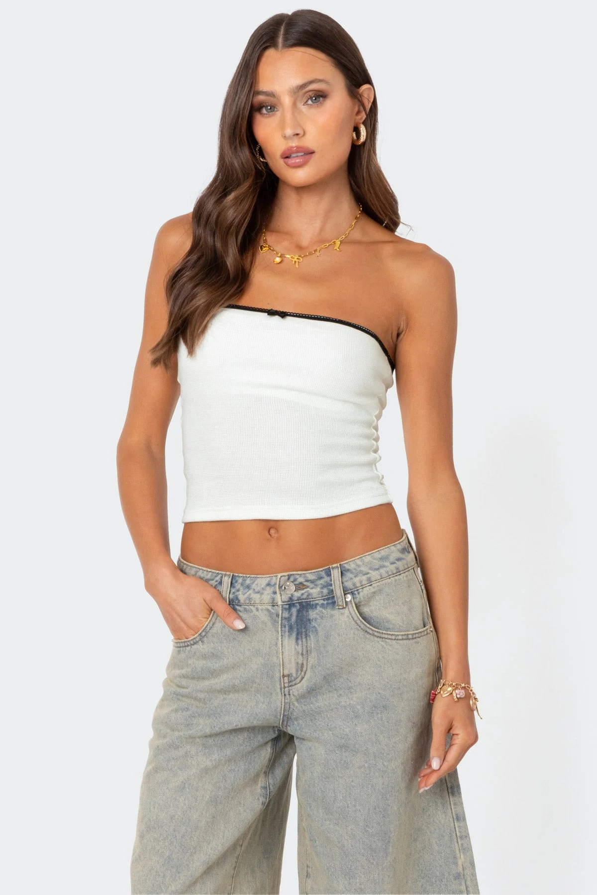 White Waffle Tube Top with Built-In Bra