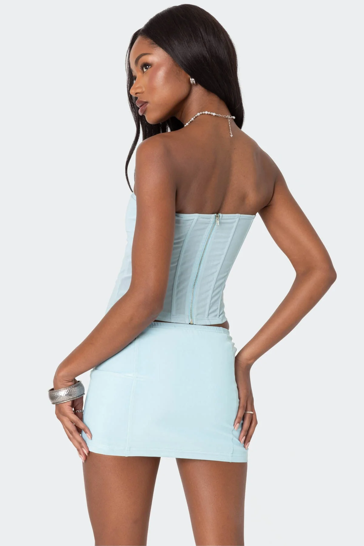 Light Blue Sheer Mesh Corset - Elegant Evening Wear