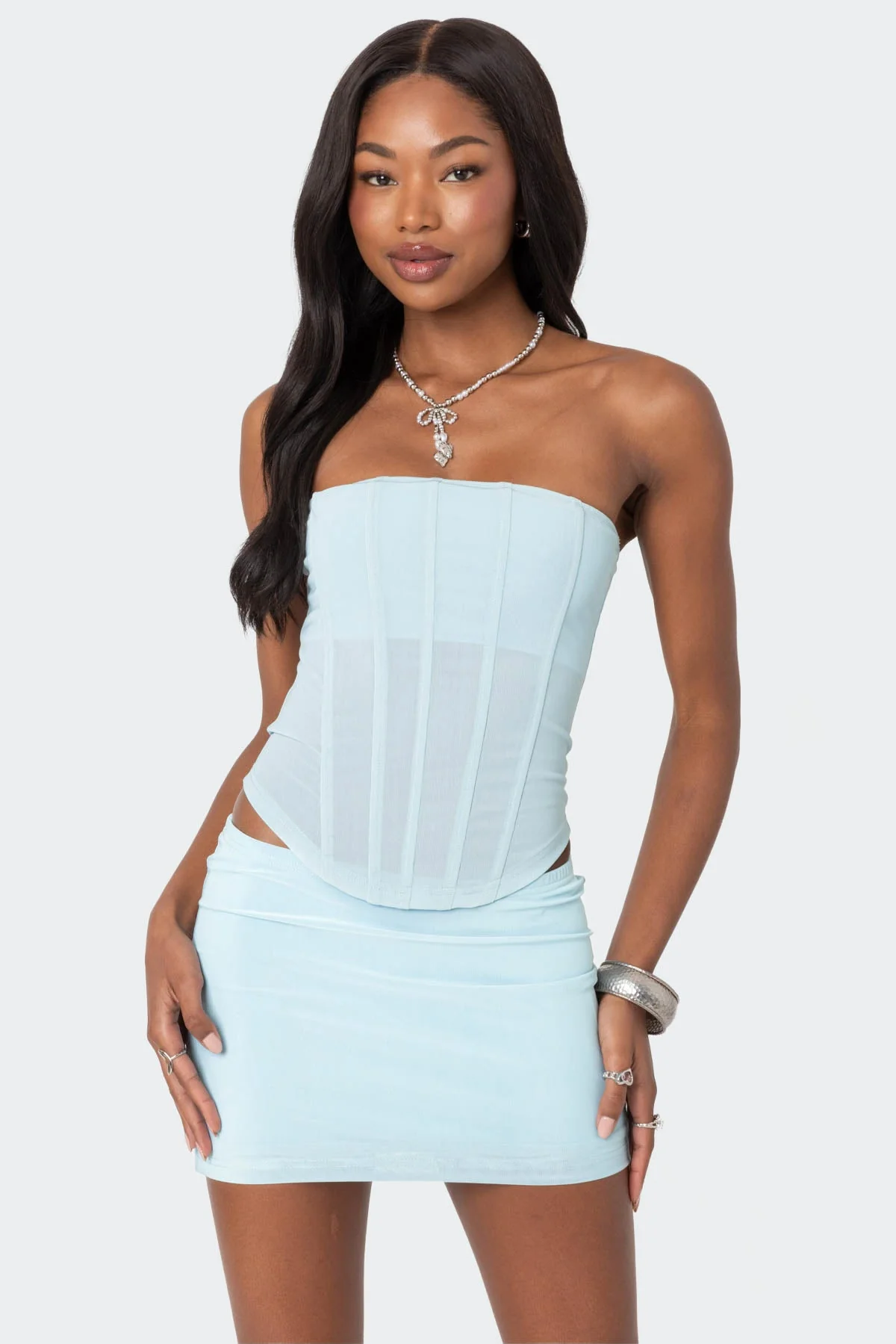 Light Blue Sheer Mesh Corset - Elegant Evening Wear