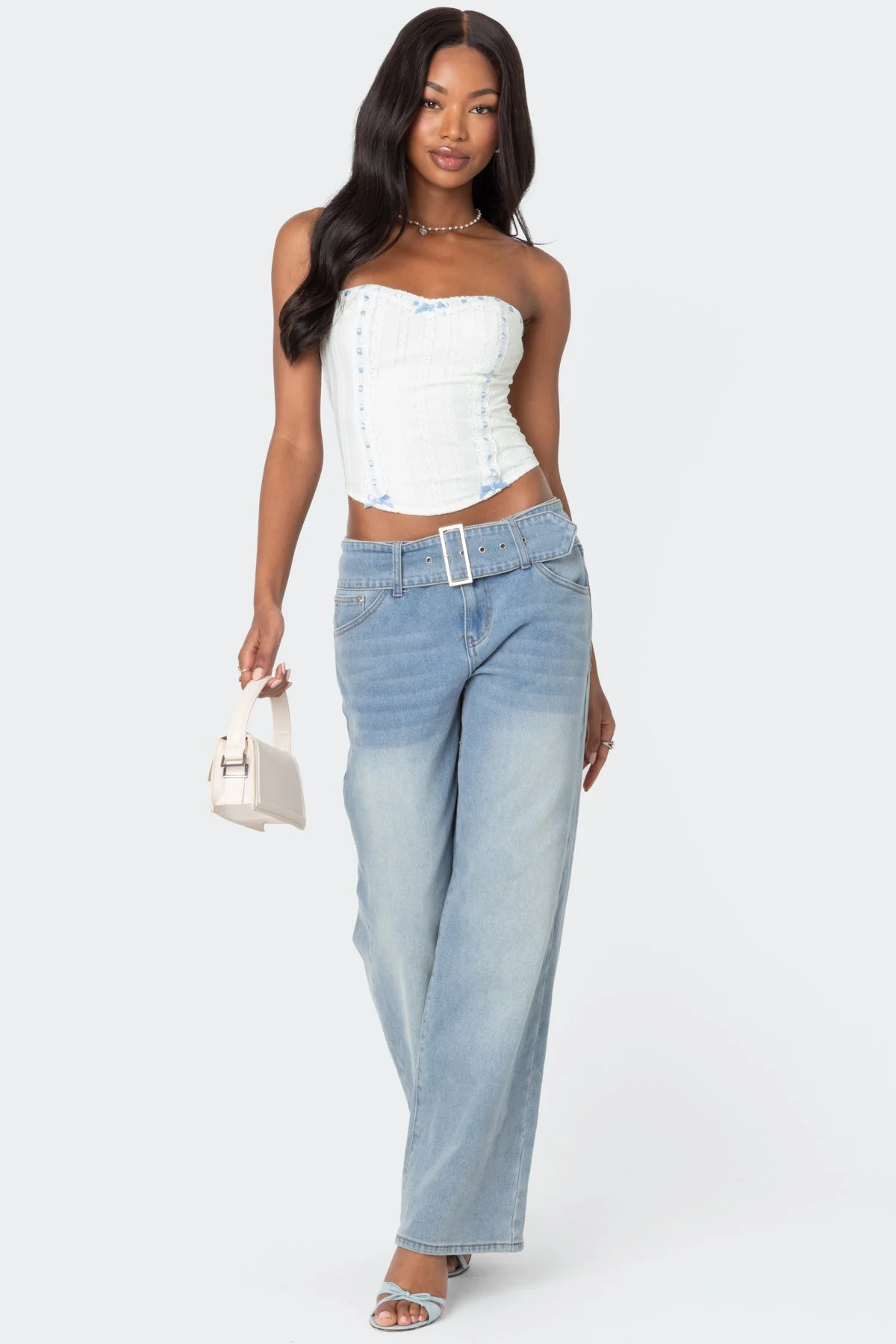 White Lace Ribbon Strapless Corset Mist Detailing