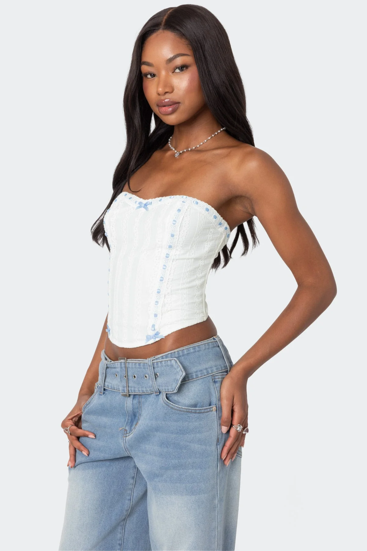 White Lace Ribbon Strapless Corset Mist Detailing