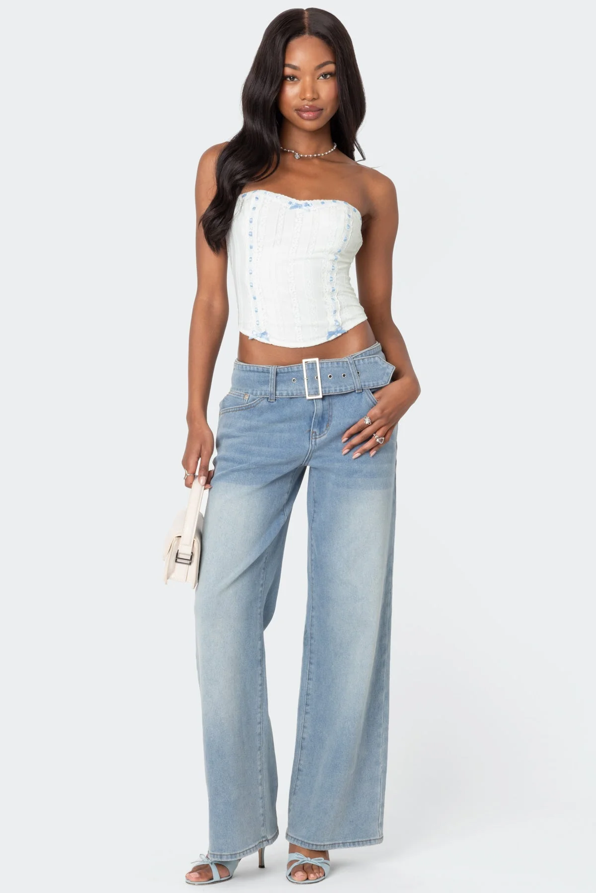 White Lace Ribbon Strapless Corset Mist Detailing