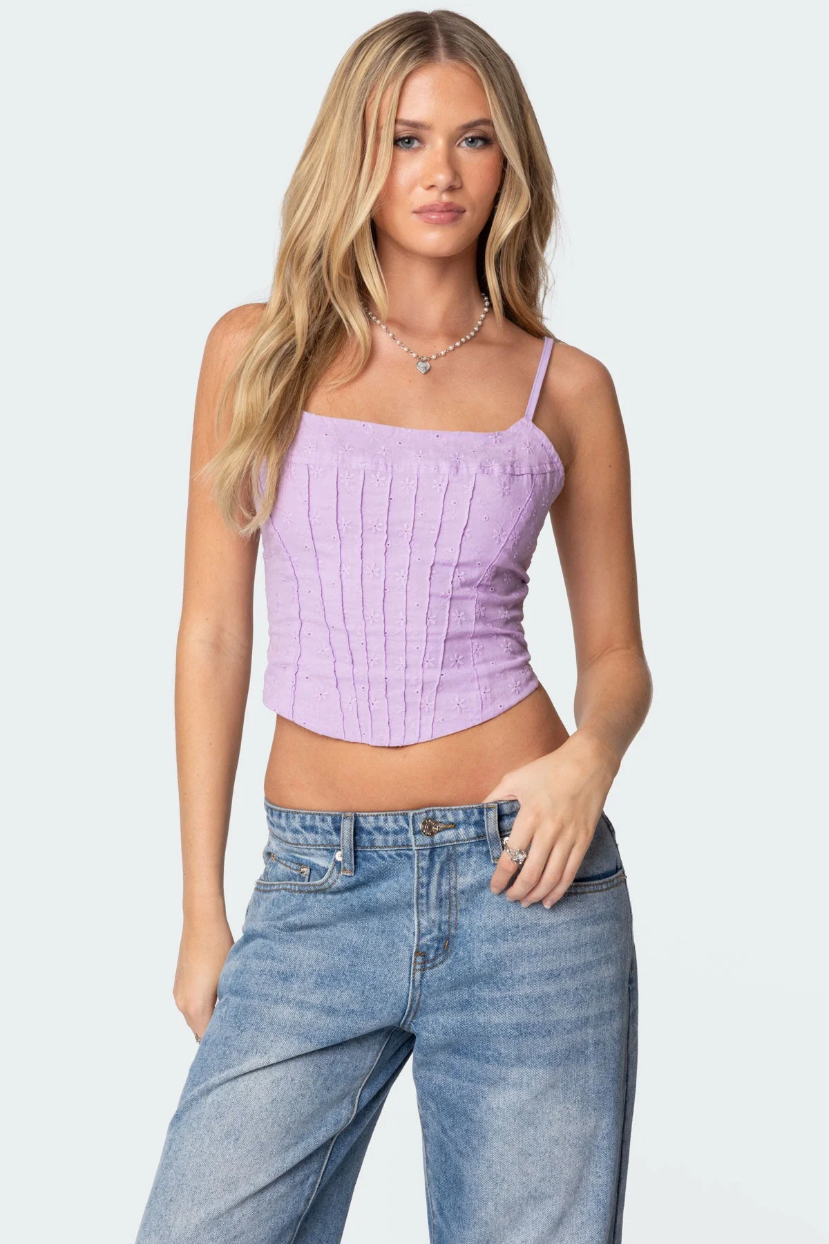 Lilac Eyelet Corset Top Womens Lace-Up Boned Bodice