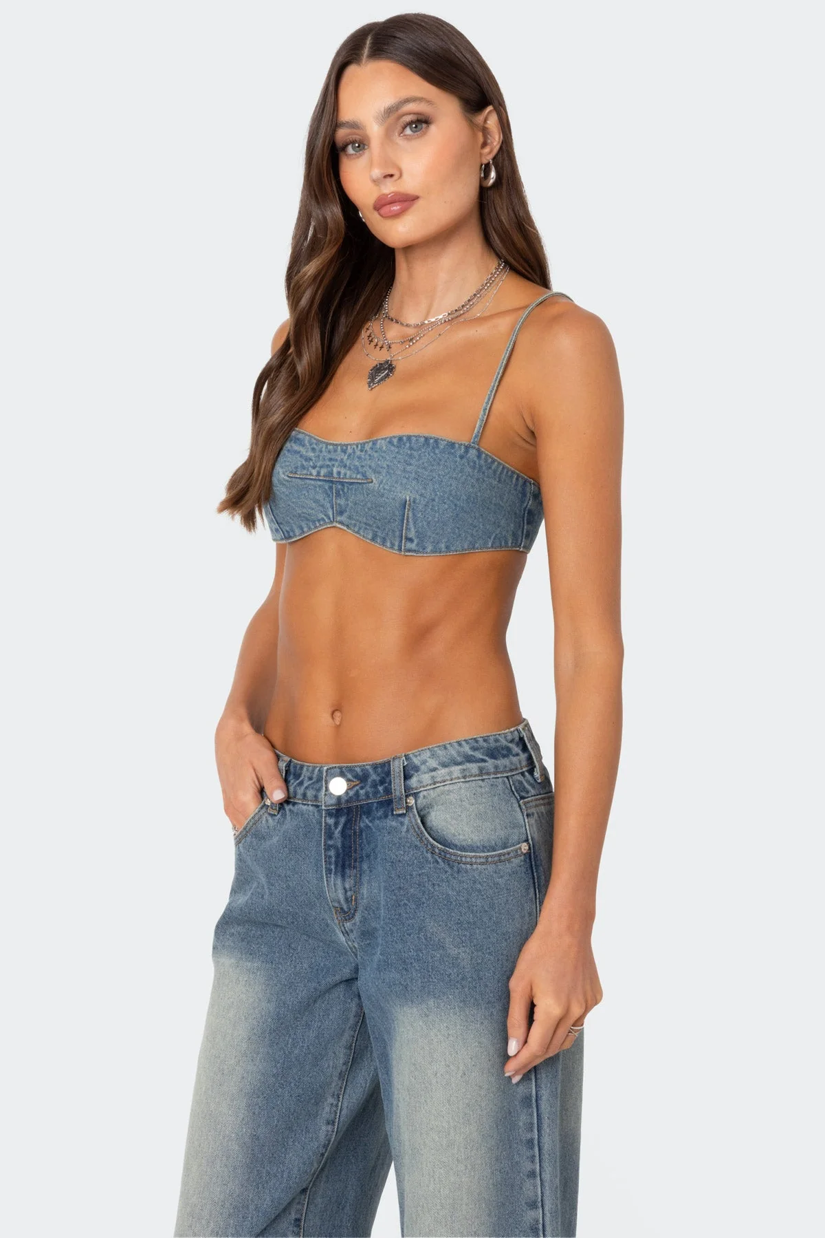 Blue Washed Denim Bralette Crop Top
