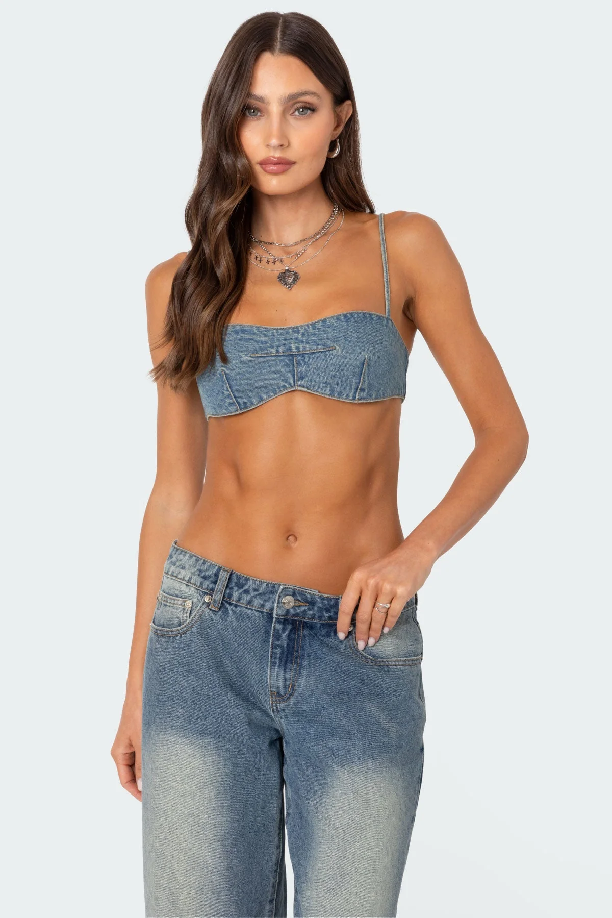 Blue Washed Denim Bralette Crop Top