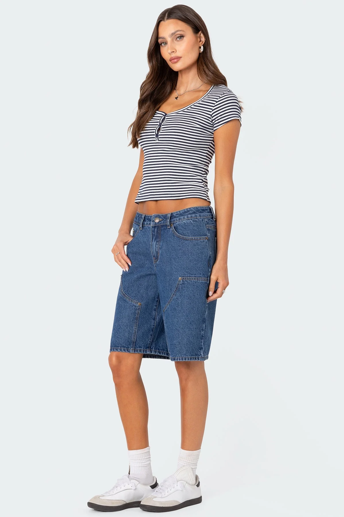 Striped Cotton Henley T-Shirt in Navy Blue