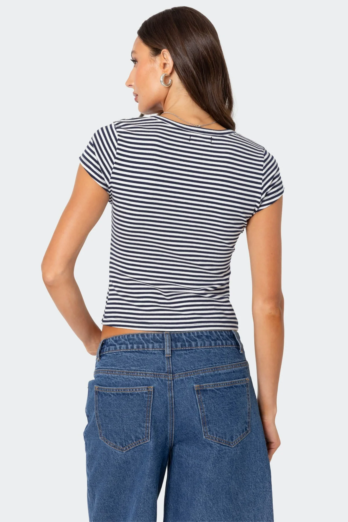Striped Cotton Henley T-Shirt in Navy Blue
