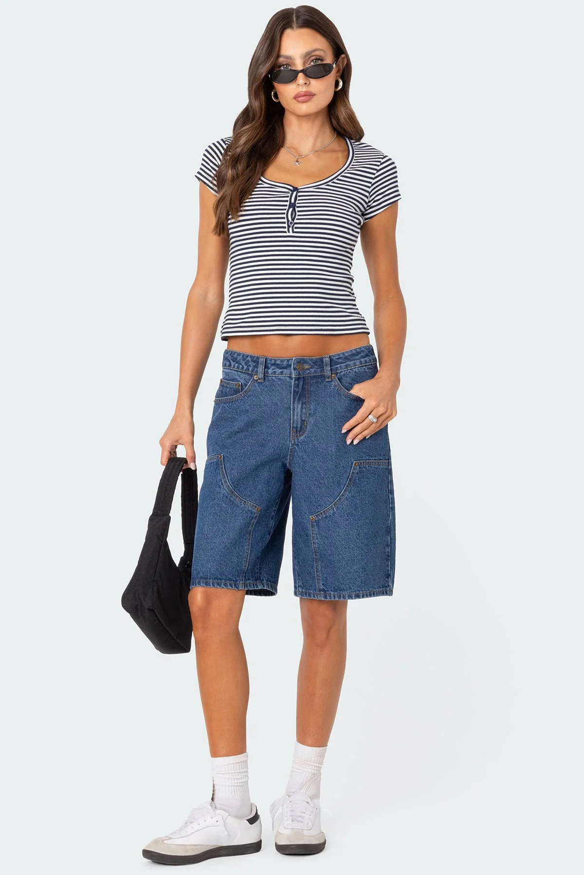 Striped Cotton Henley T-Shirt in Navy Blue