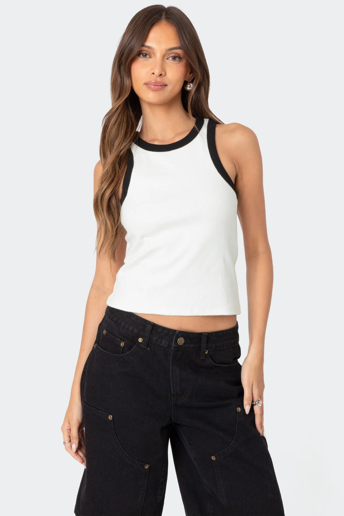 Contrast Ribbed Tank Top in White and Black - Stylish Summer Essential