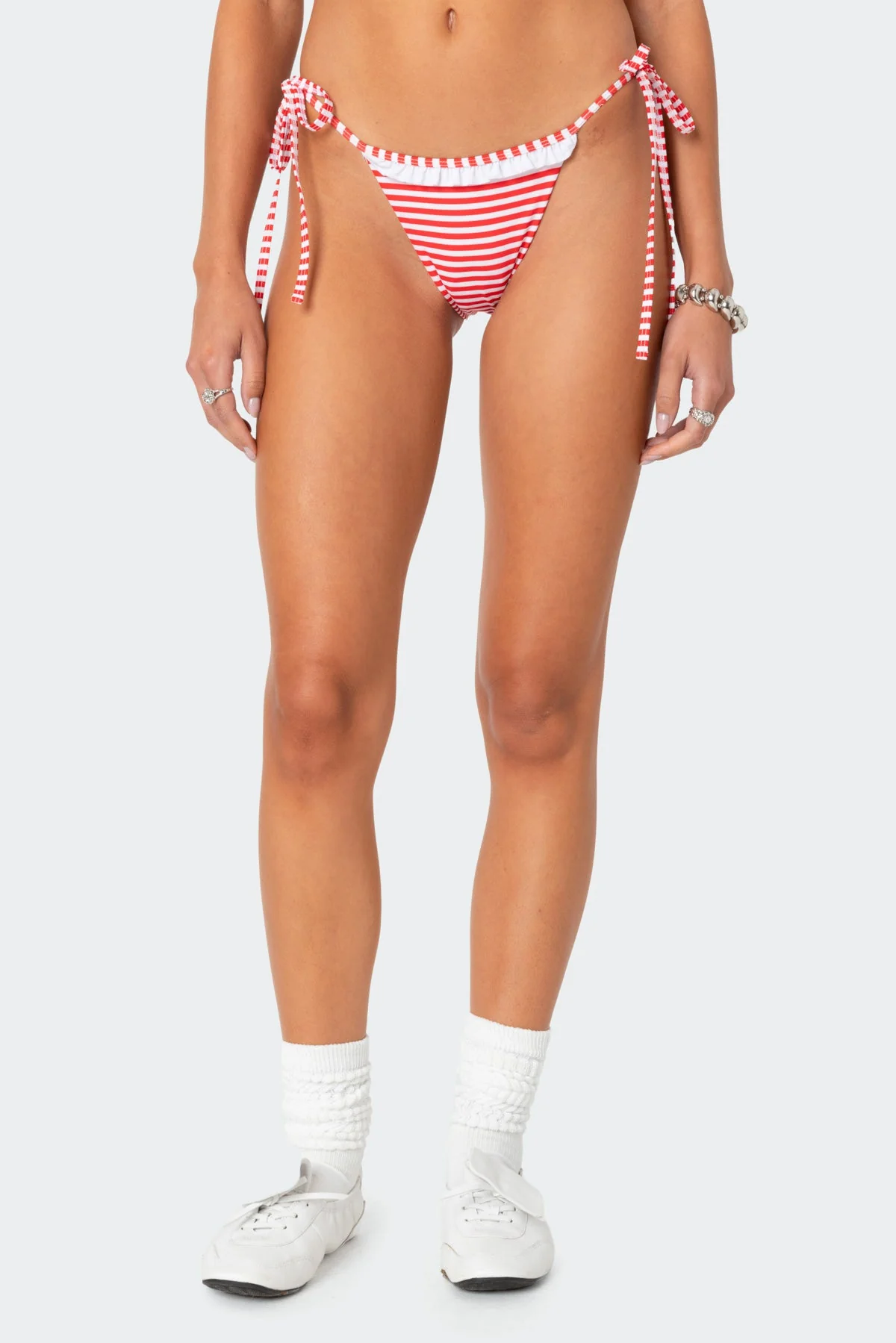 Red Striped Bikini Bottom with Adjustable Side Ties