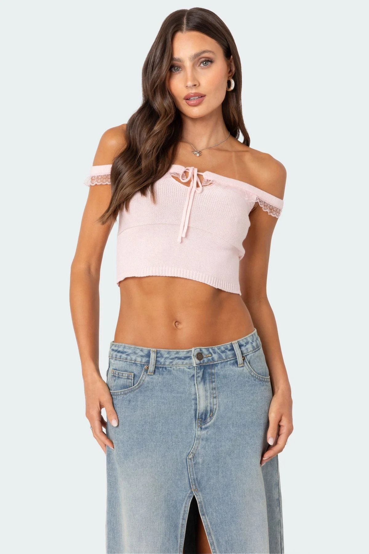 Light Pink Lace Trim Knit Off-Shoulder Top