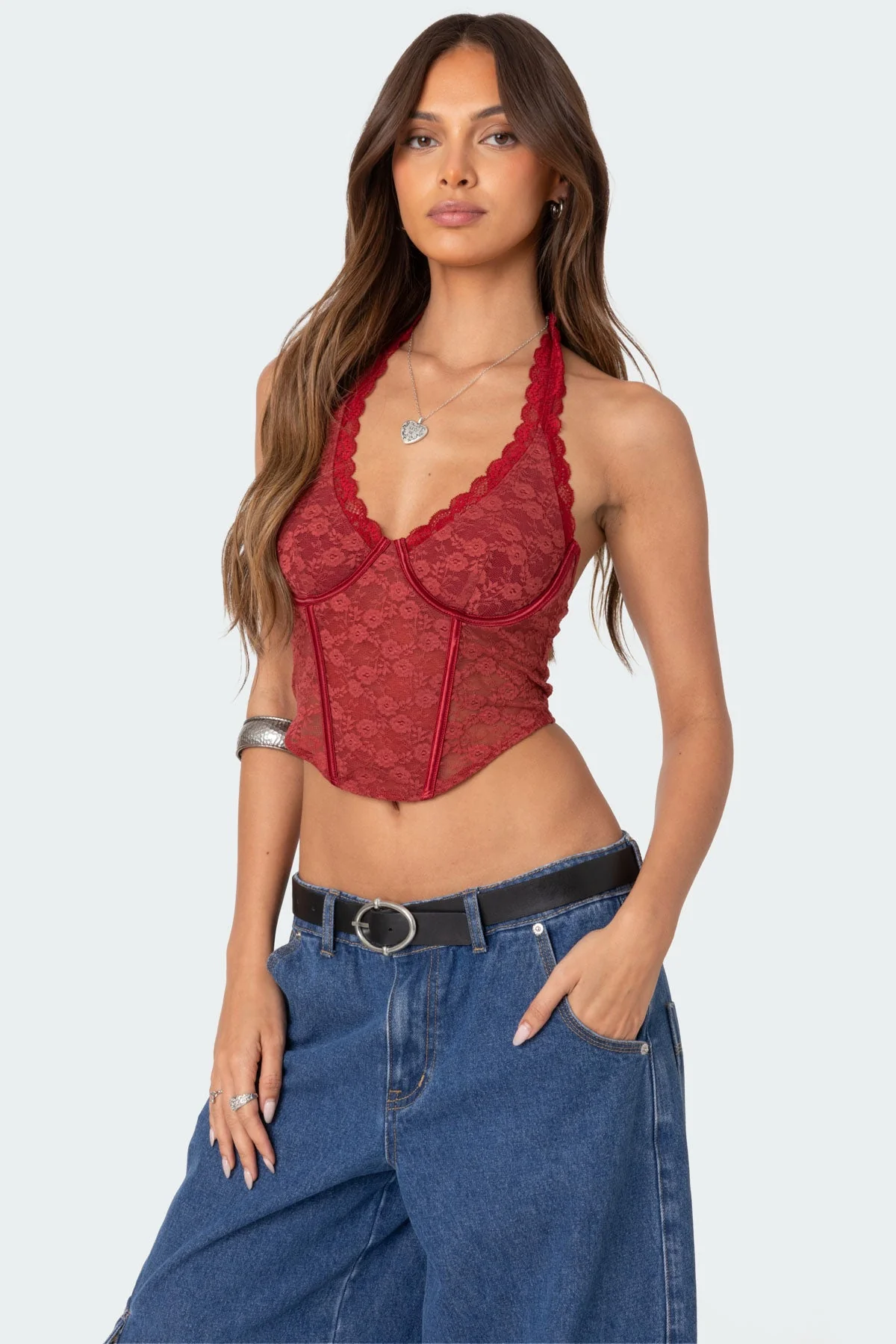 Burgundy Lace Halter Corset Top