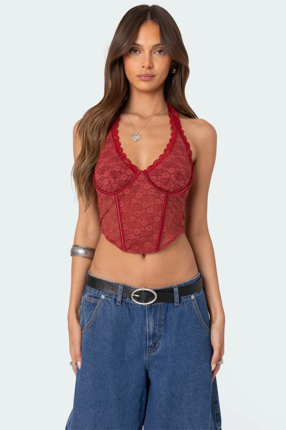 Burgundy Lace Halter Corset Top