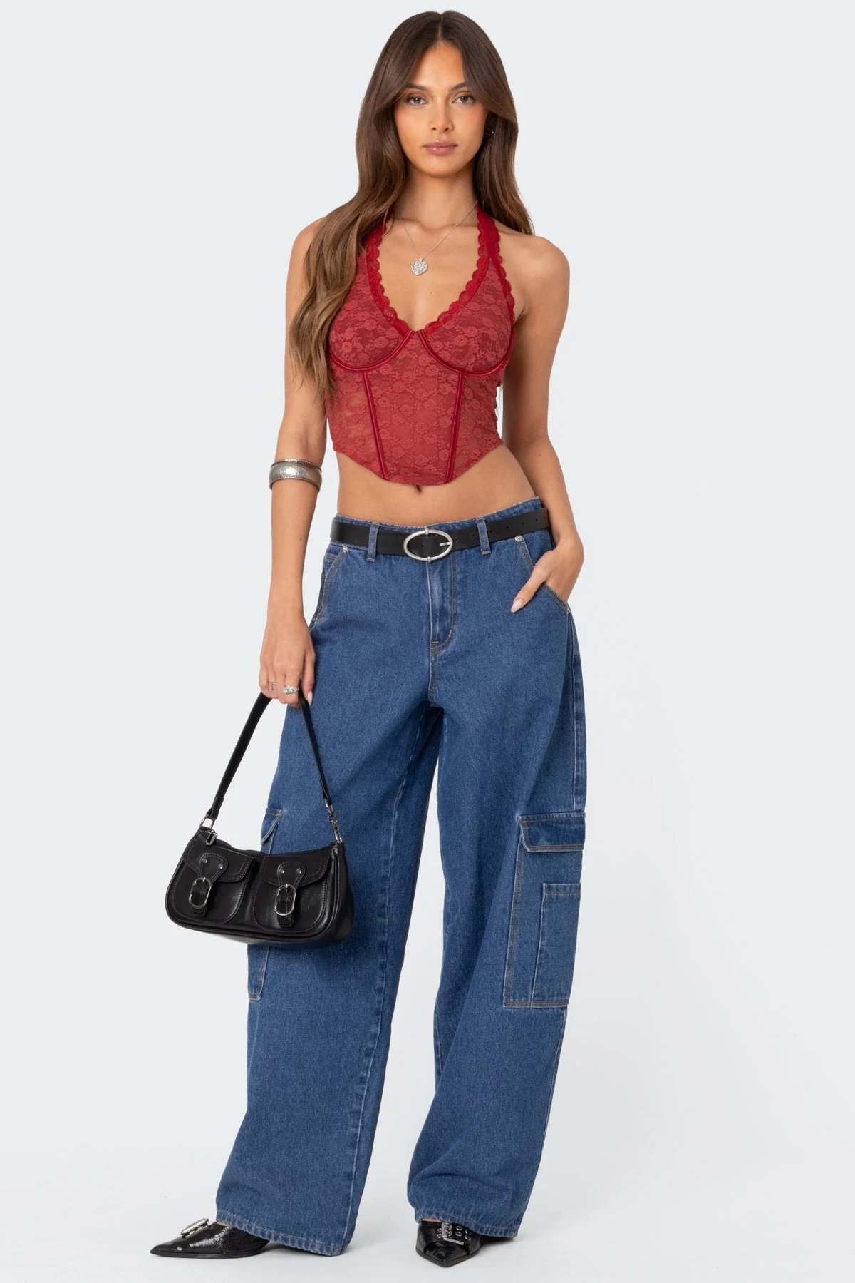 Burgundy Lace Halter Corset Top
