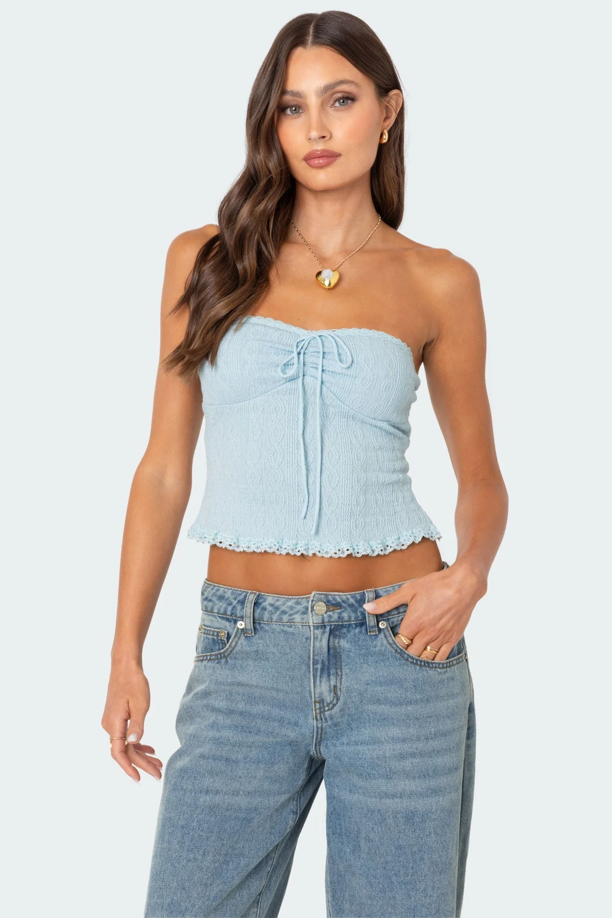 Light Blue Knit Tube Top with Lace Trim