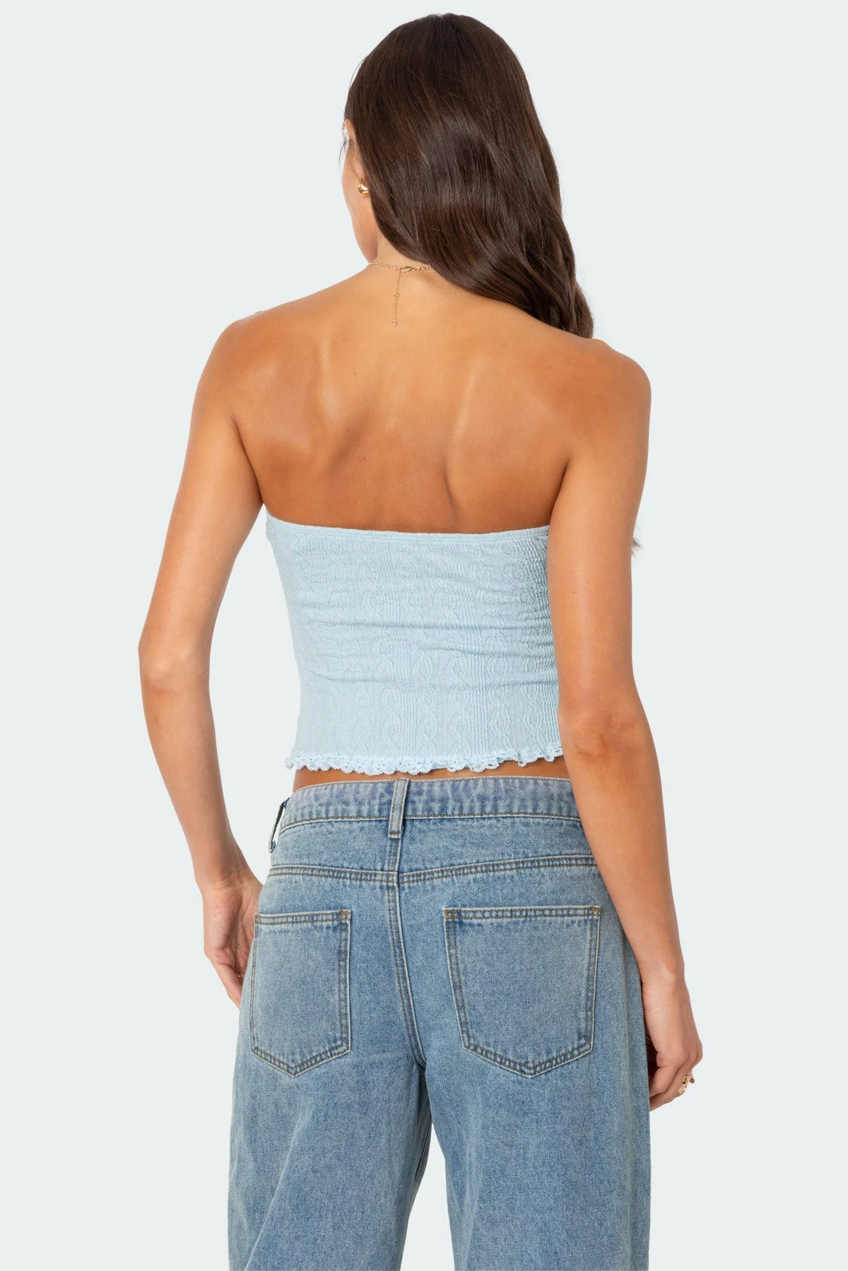 Light Blue Knit Tube Top with Lace Trim