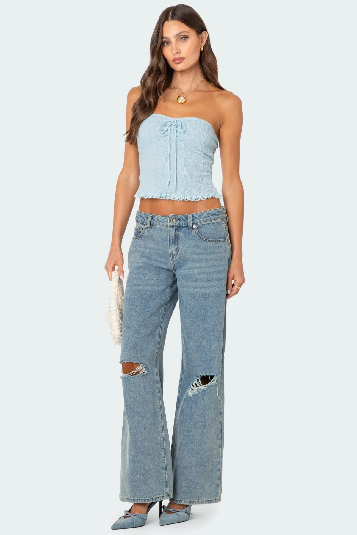 Light Blue Knit Tube Top with Lace Trim