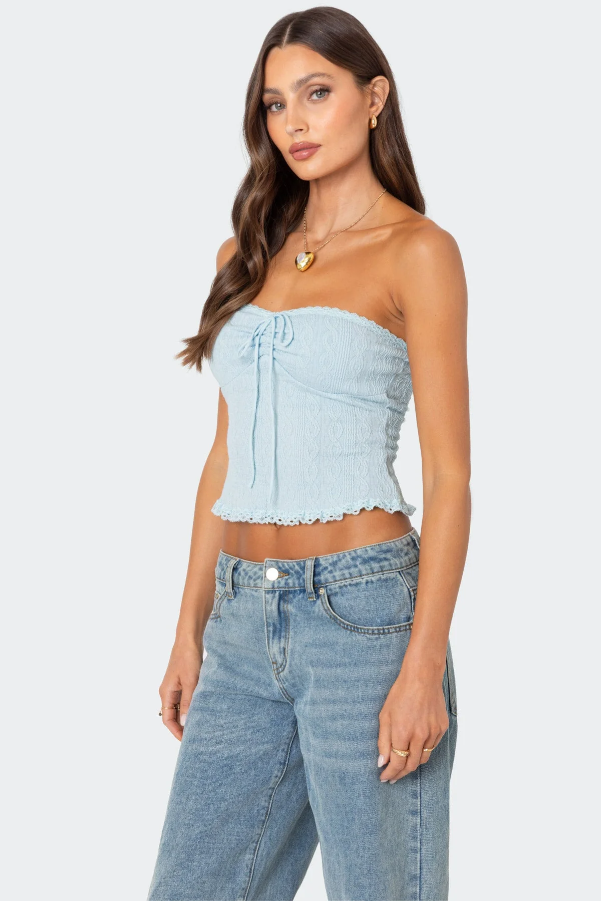 Light Blue Knit Tube Top with Lace Trim