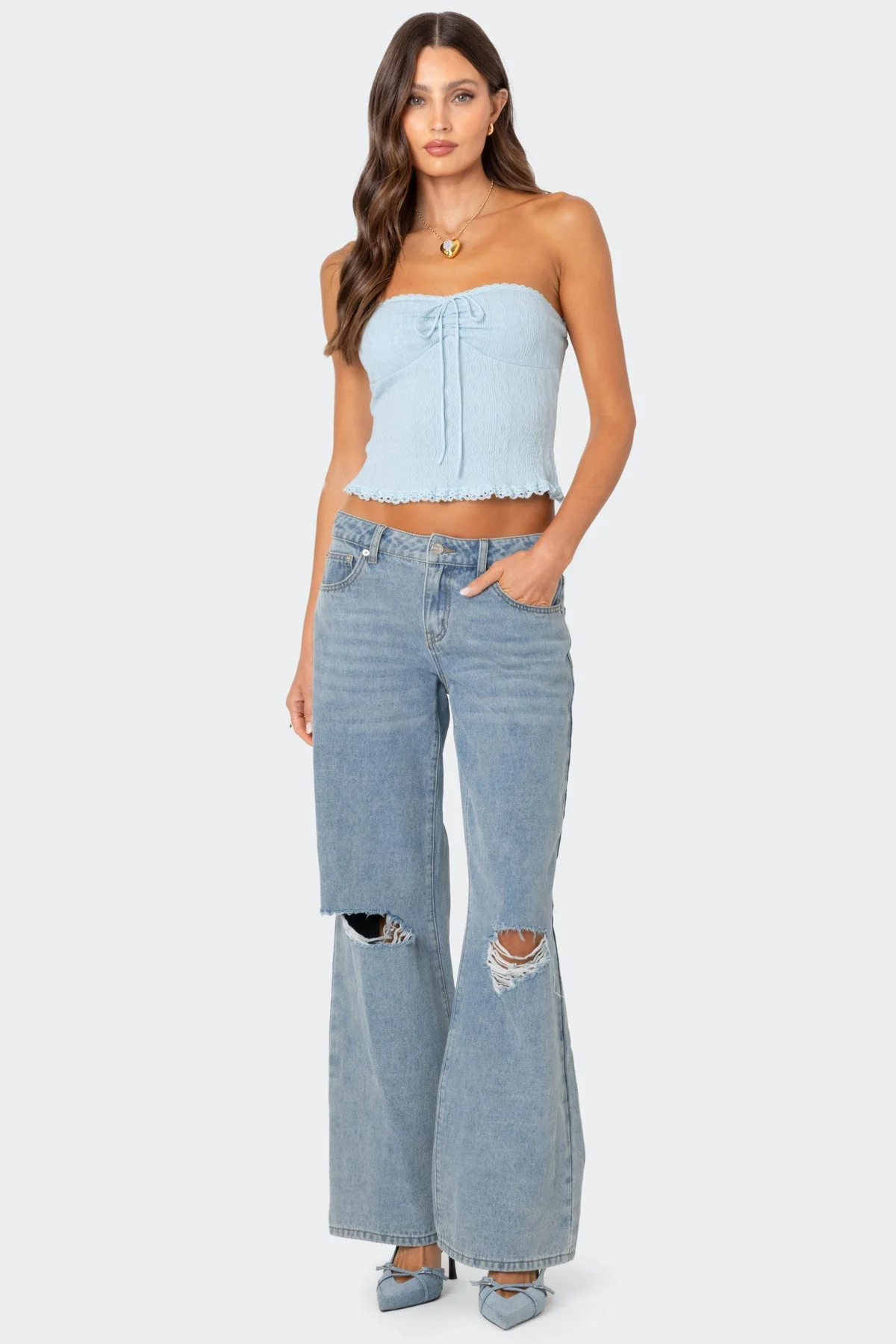 Light Blue Knit Tube Top with Lace Trim