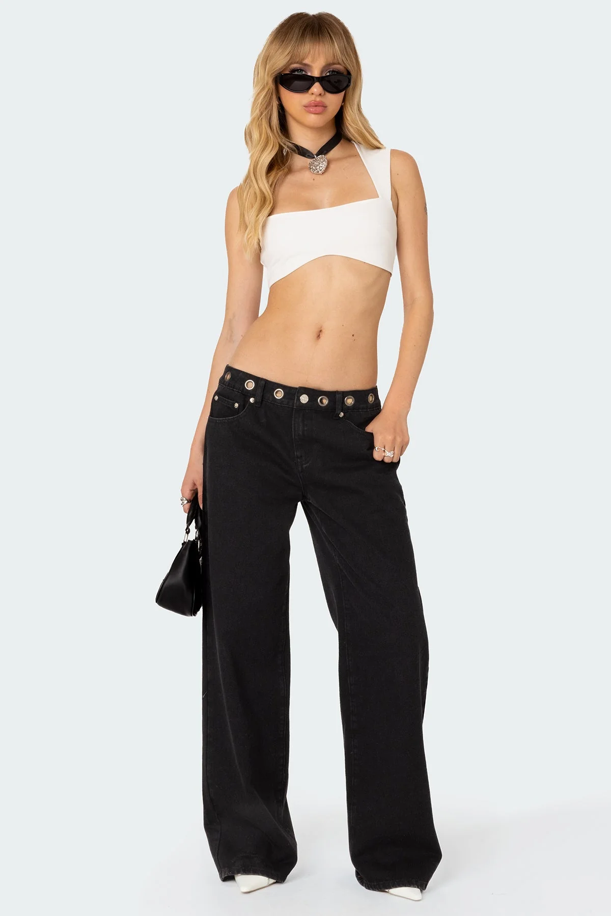 Black Grommet Waist Denim Pants