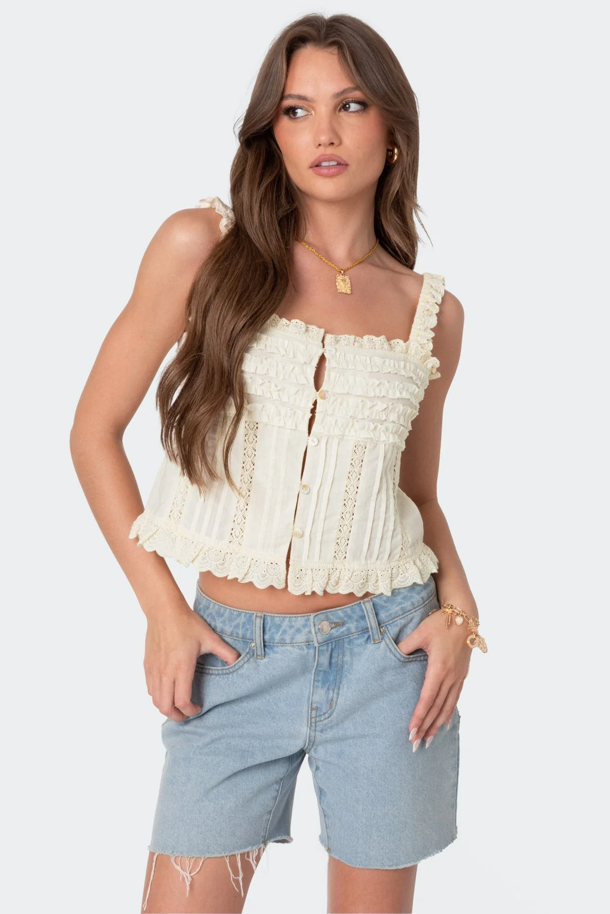 Cream Ruffled Button Top | Textured Cotton, Frill Trim (XS-XL)