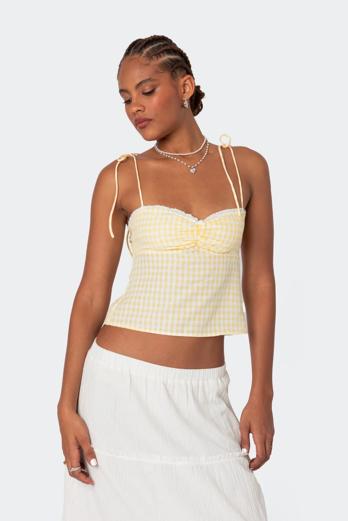 Gingham Pattern Open Tie Back Top - Yellow Elegant Blouse