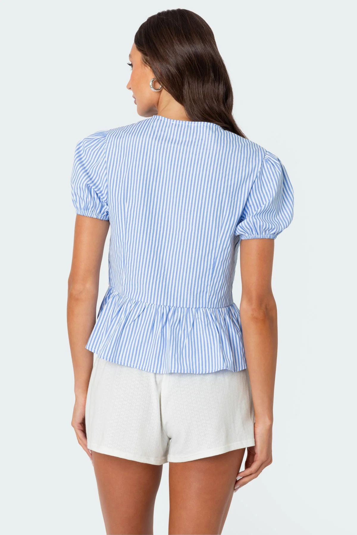 Blue and White Puffed Sleeve Tie Top - Feminine Peplum Style