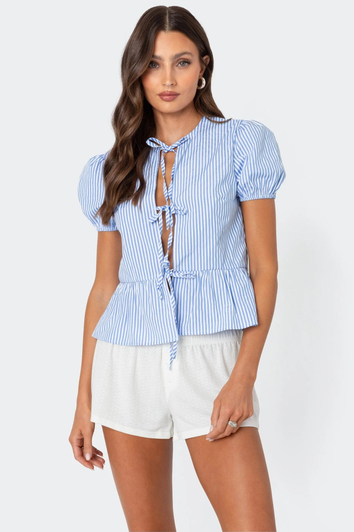 Blue and White Puffed Sleeve Tie Top - Feminine Peplum Style