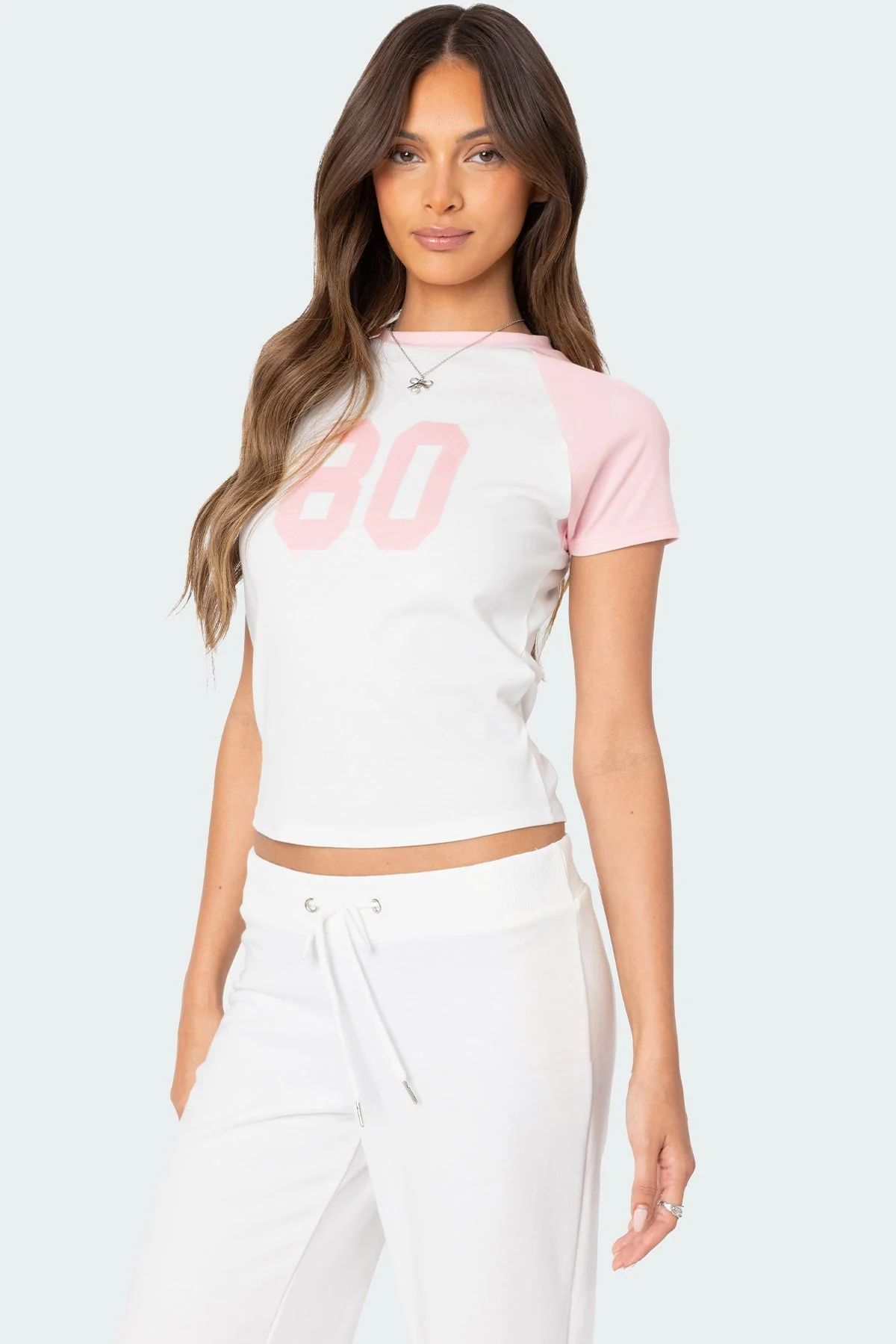 Retro Raglan Style T-Shirt for Women - White and Pink