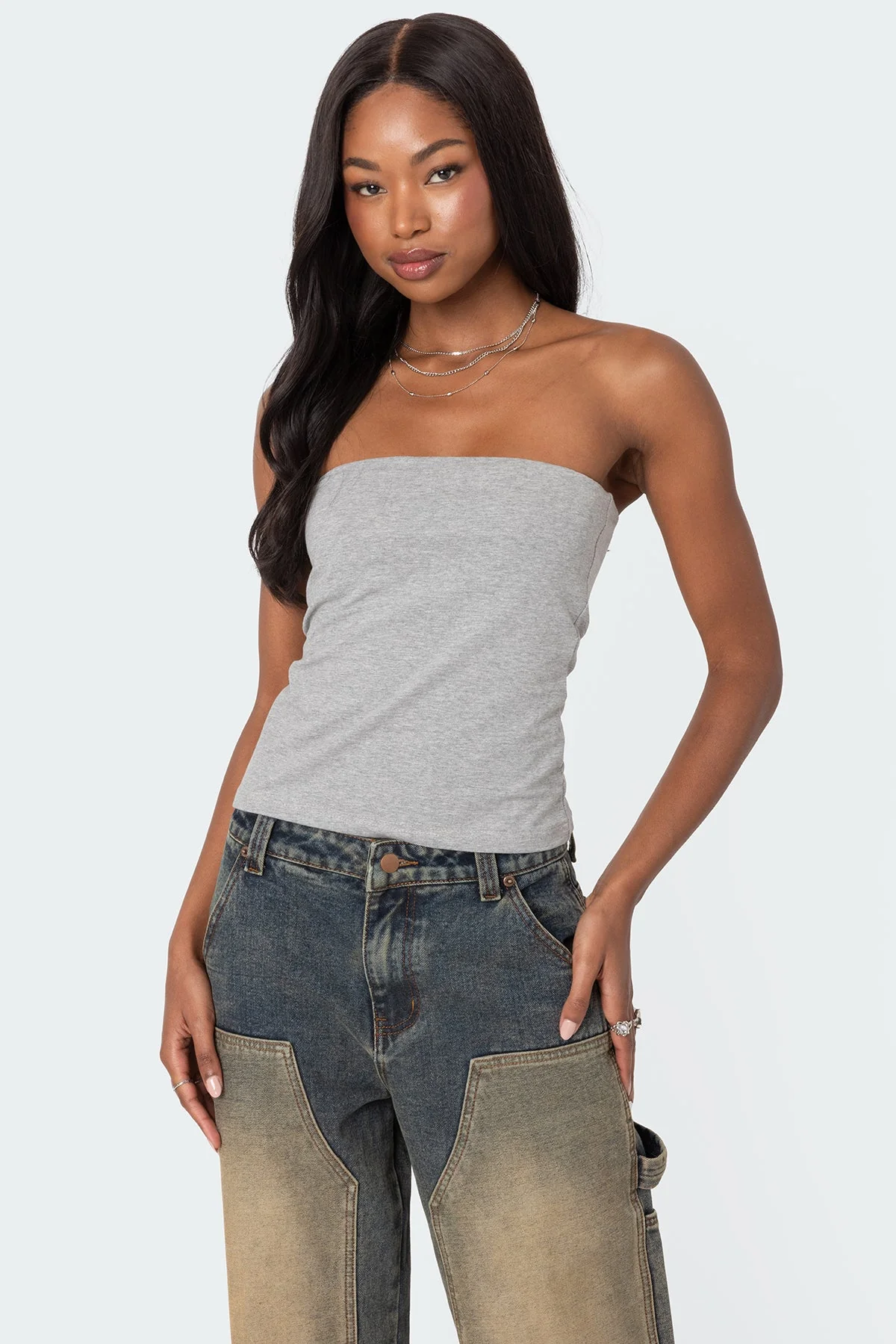 Gray Melange Strapless Tube Top with Built-In Bra